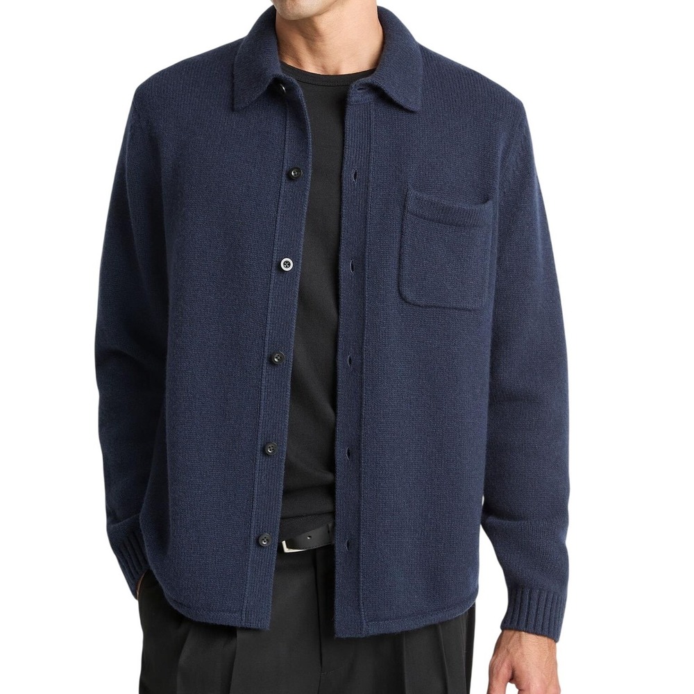Vince Mens Wool Sweater shirt Knit Button Up Jacket Navy Blue Size Medium